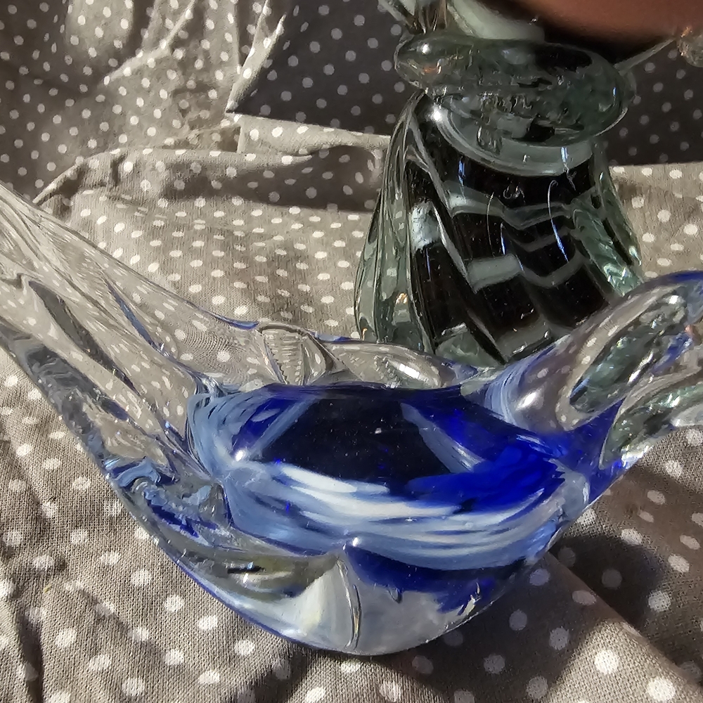 Handblown Blue and Clear Glass Decorative Bowl